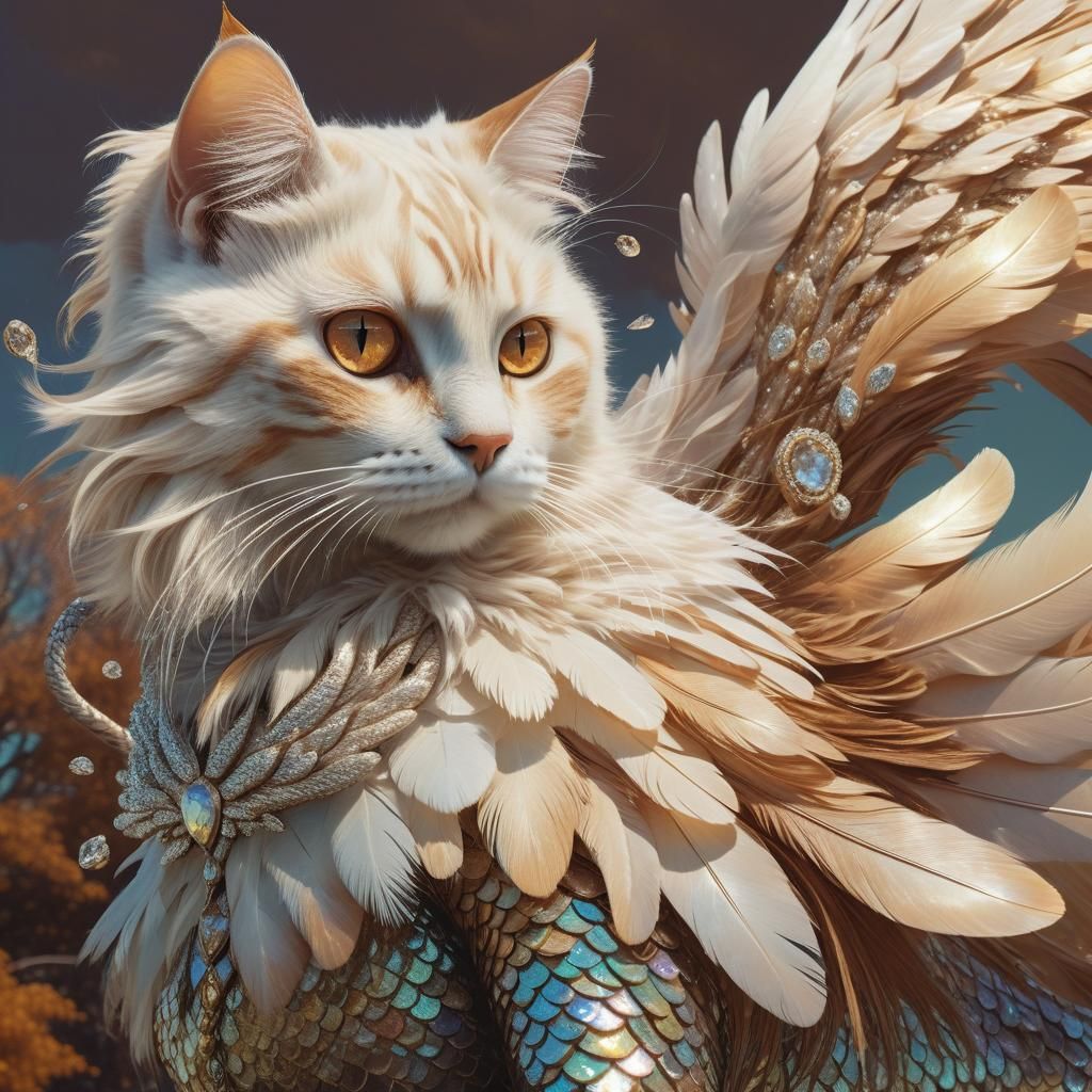 A majestic BLONDE angel cat mermaid, BROWN eyes and iridescent, swirling feathery fur in shades of PEARL, BEIGE, BROWN. ...