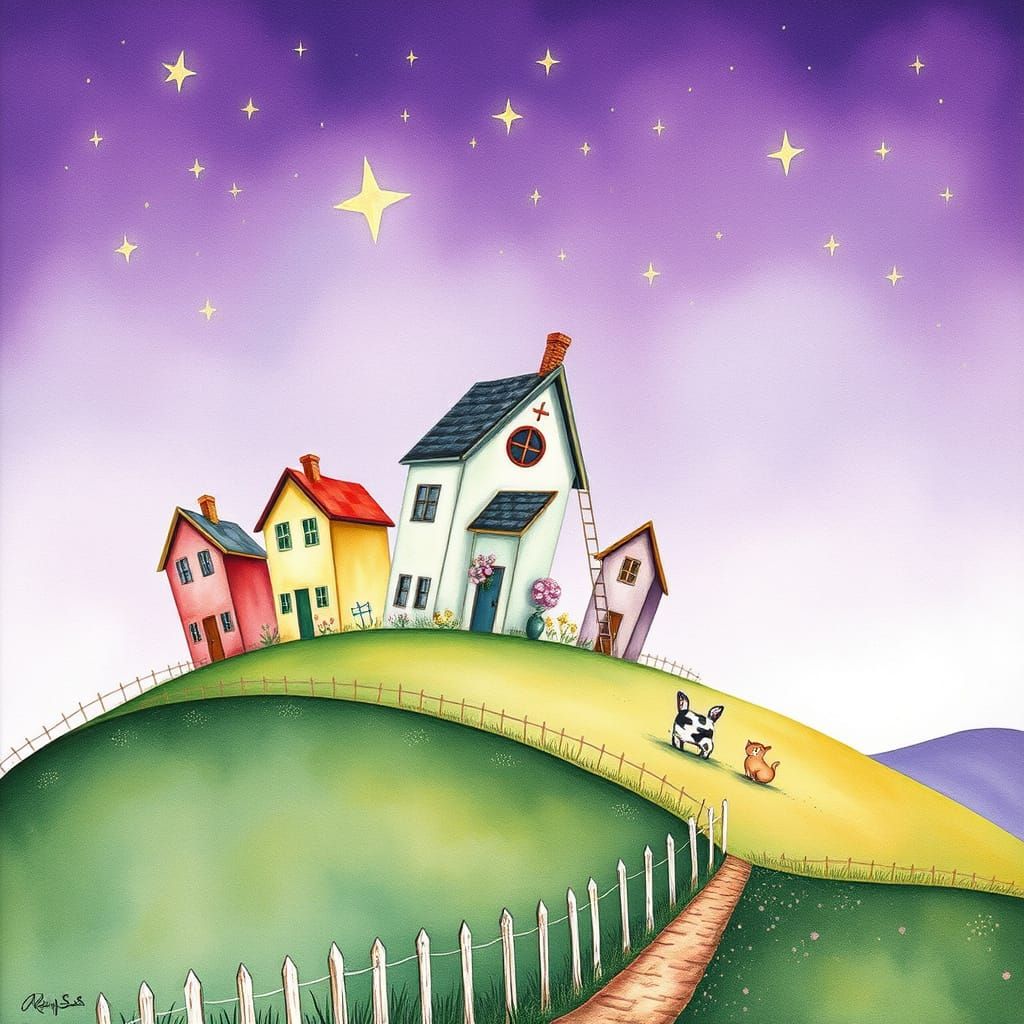Whimsical Houses on Rolling Hills in Watercolor Style