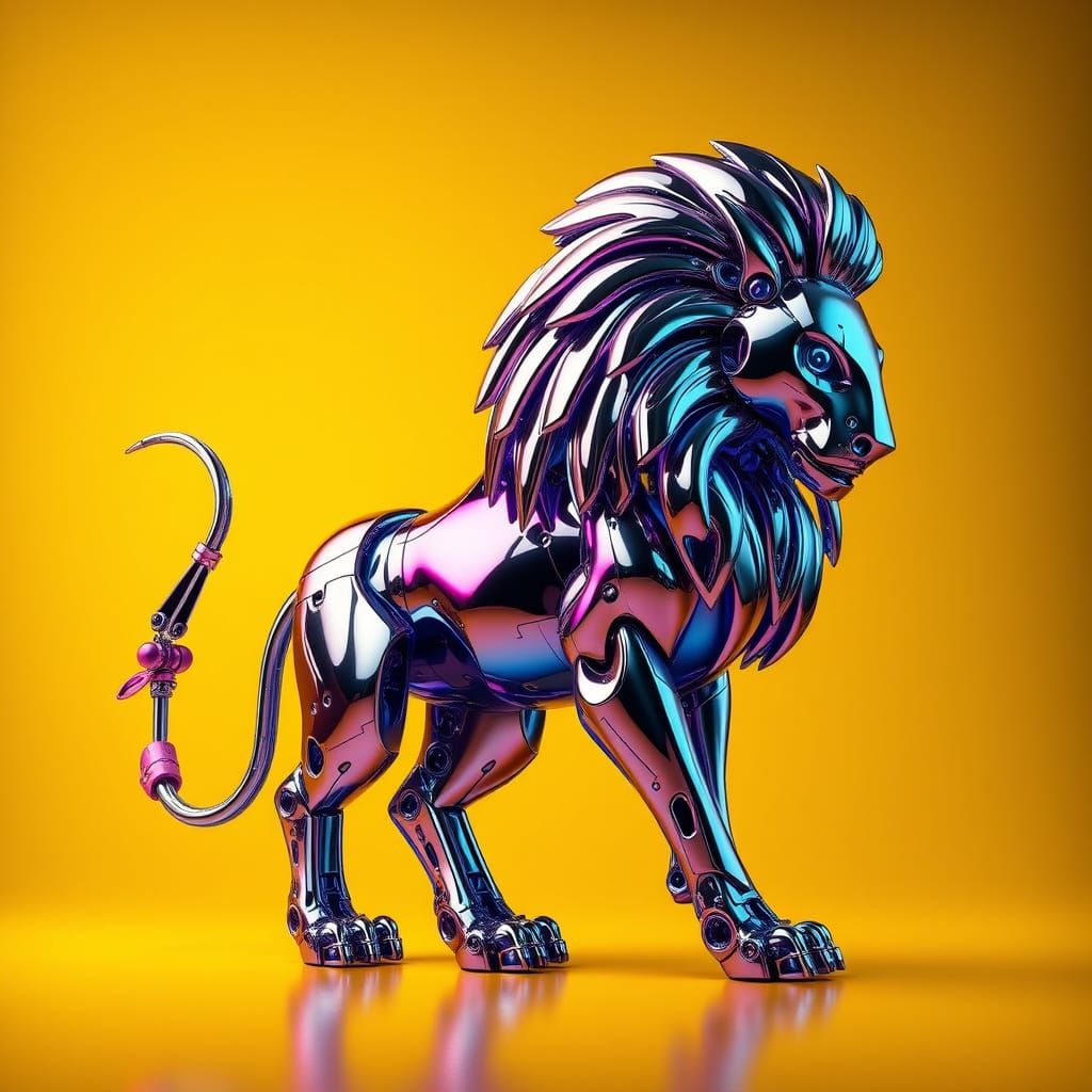 Majestic Chrome Robolion on a Vibrant Yellow Background