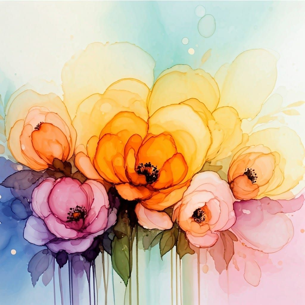 Vibrant Alcohol Ink Wash Artwork with Delicate Blooms