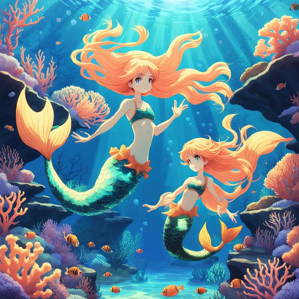 Anime Mermaids by Coral Reef in Studio Trigger Style