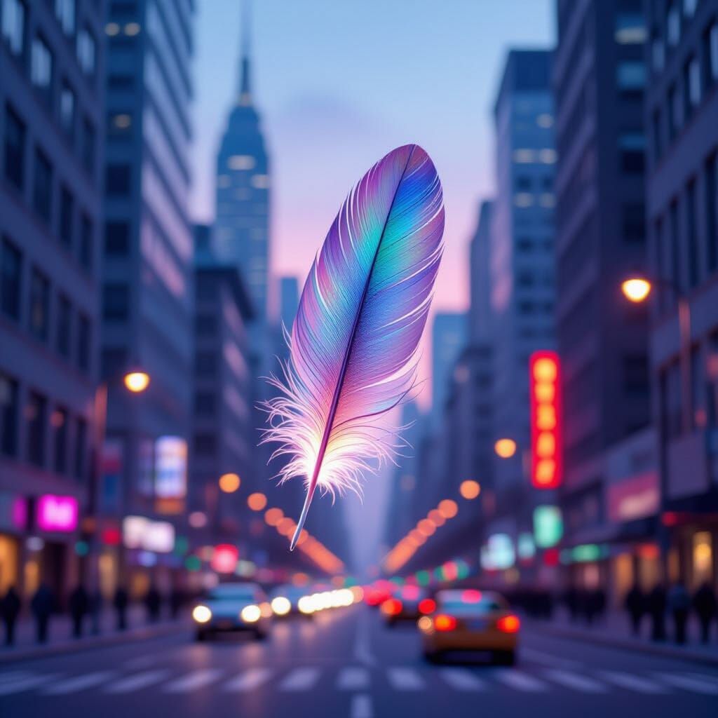 Iridescent Feather Falls Through Twilight Cityscape