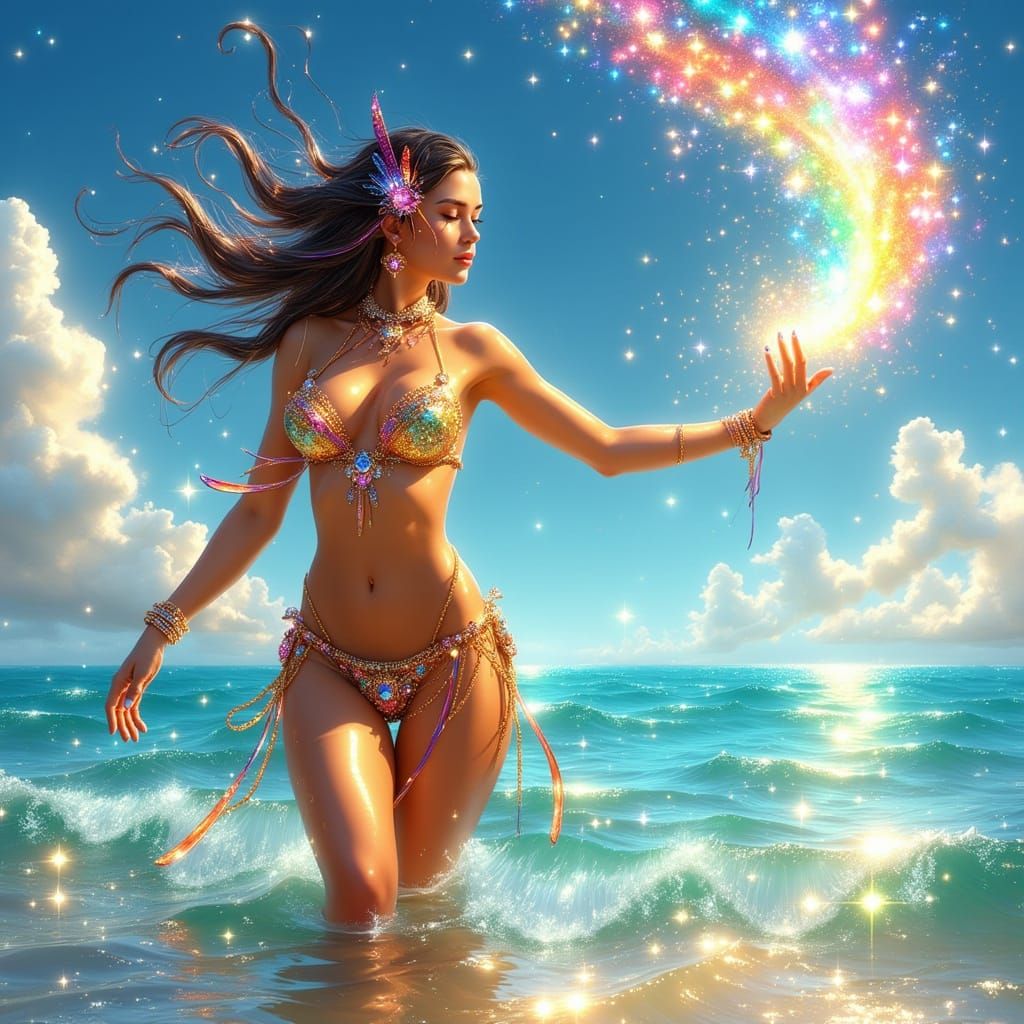 Rainbow Enchantress Casting Spell on Ocean Beach