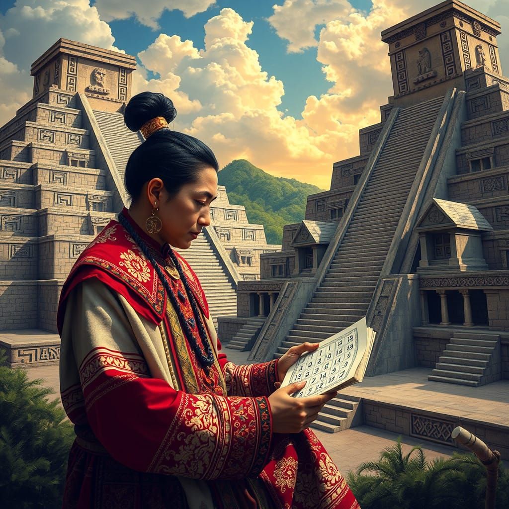 Mathematician in Mayan Cityscape Embroidered Attire