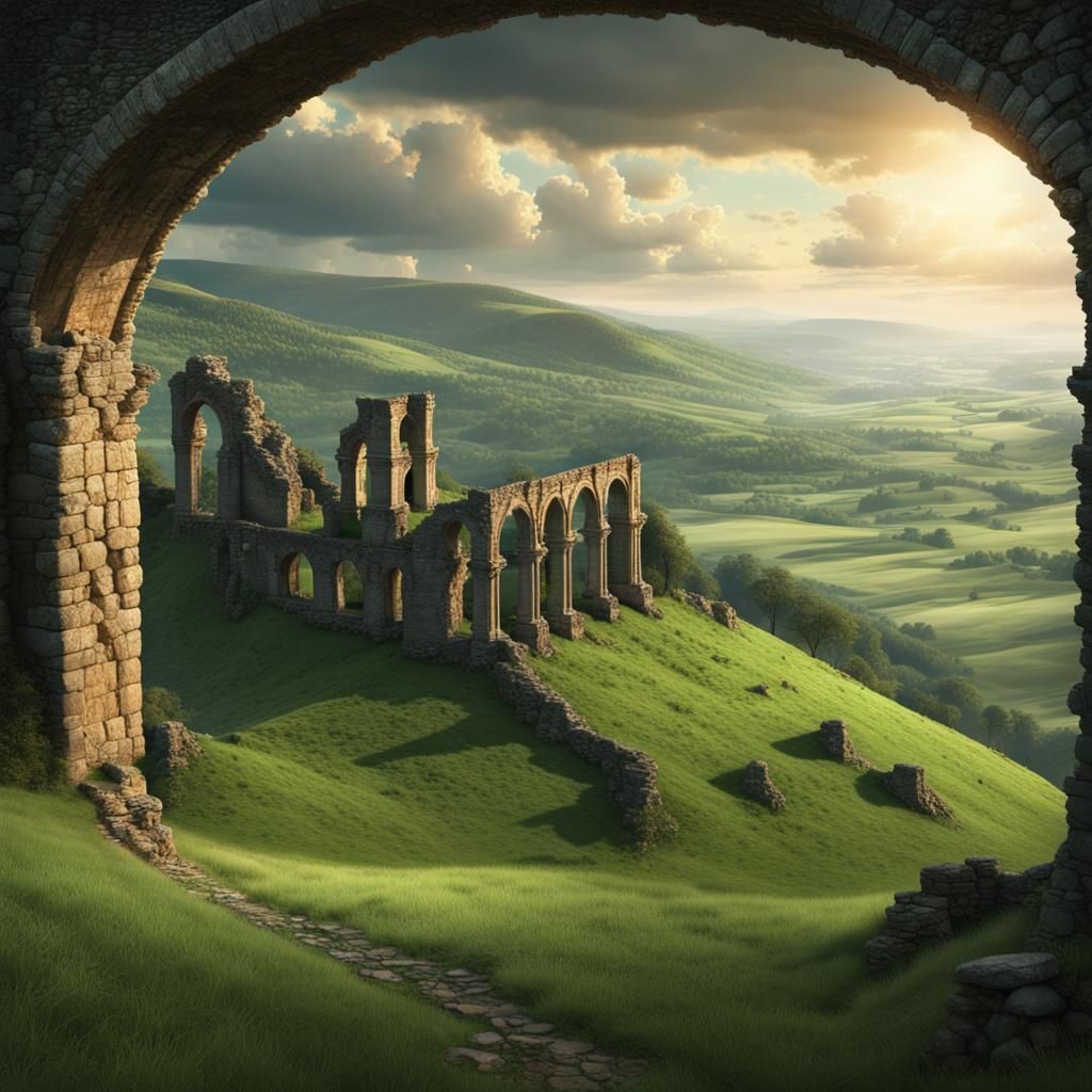 Dramatic Ancient Ruins Overlook Green Hills