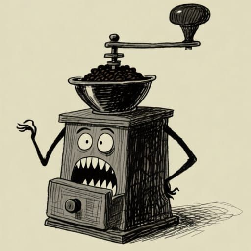 Cranky Coffee Grinder in Edward Gorey Style