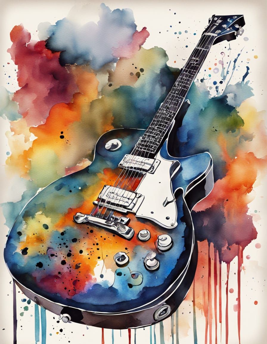 Vibrant Abstract Guitar in Watercolor Ink