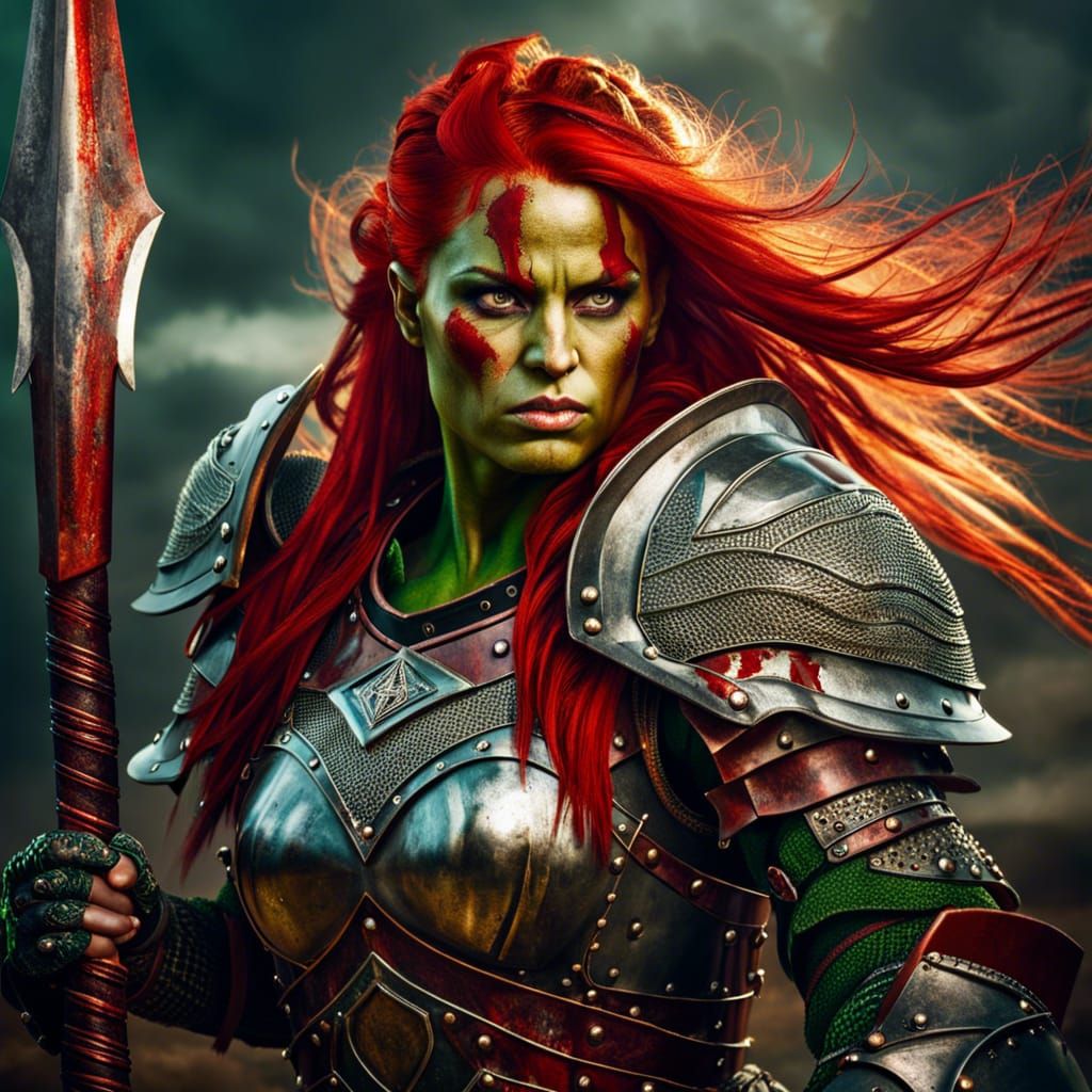 Female Orc Knight with Halberd in Antique Armor