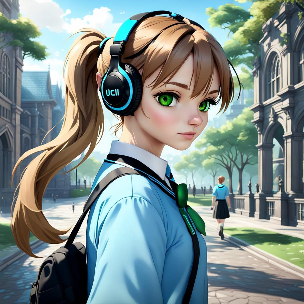 Schoolgirl in Blue Uniform: Digital Art