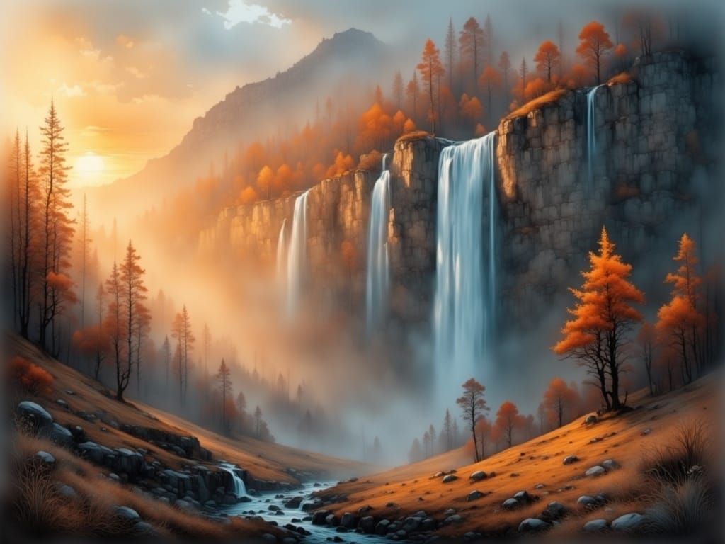 Misty Valley Sunrise Waterfall Landscape