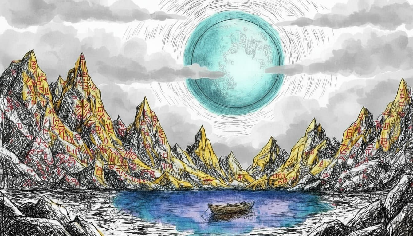 Jagged Rocks Lake and Moon with Chaotic Hand-Drawn Style