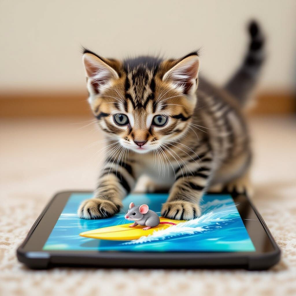 Kitten Plays Mouse Game on Tablet