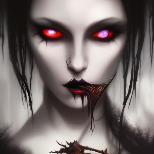 Gothic hex mage with jet black hair& White skin& Black eyes with smoky black eyeshadow& smoky black eyeliner& Black lips...