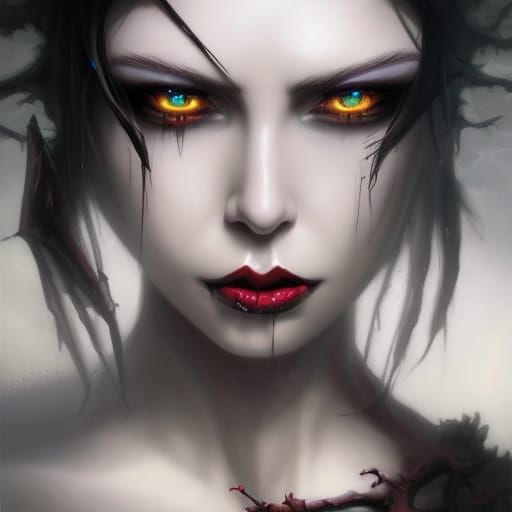 Gothic hex mage with jet black hair& White skin& Black eyes with smoky black eyeshadow& smoky black eyeliner& Black lips...