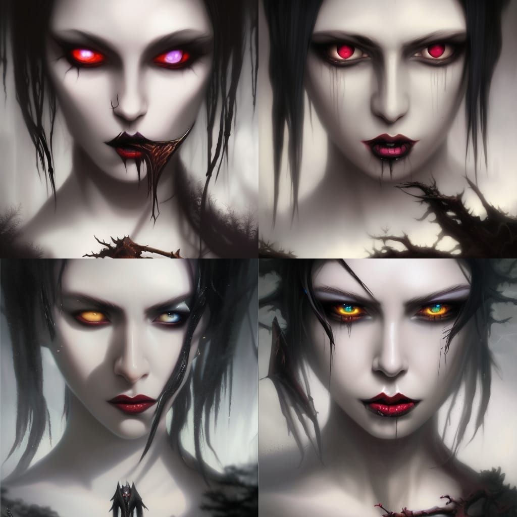 Gothic hex mage with jet black hair& White skin& Black eyes with smoky black eyeshadow& smoky black eyeliner& Black lips...