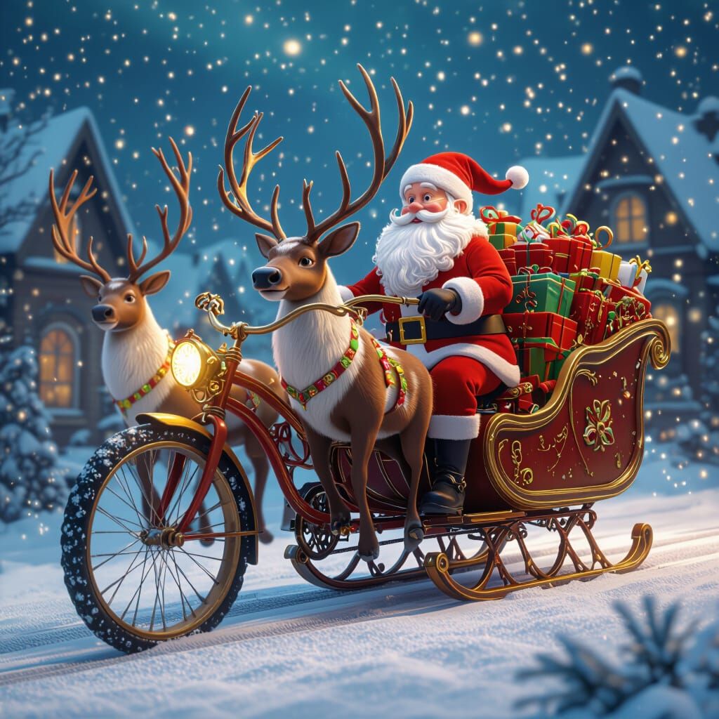 Santa's reindeer stayed at home. One of Santa's elves built a magic bicycle. Santa could ride the bicycle and pull the S...