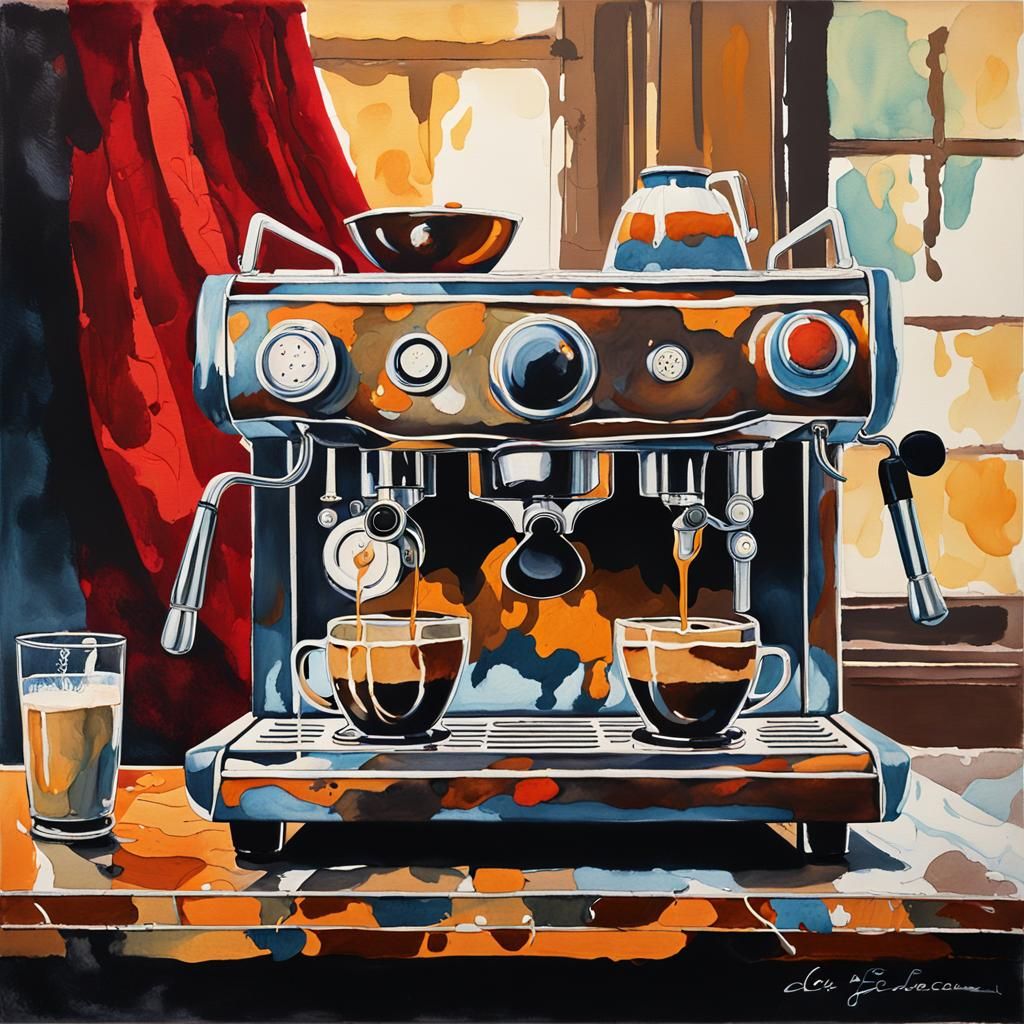 Espresso Machine in Gouache with Art Nouveau Details