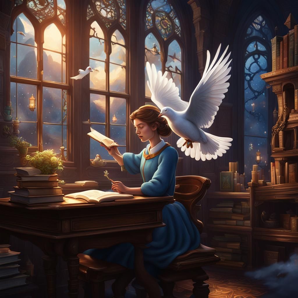 Woman Reading with Dove in Fantasy Art Style