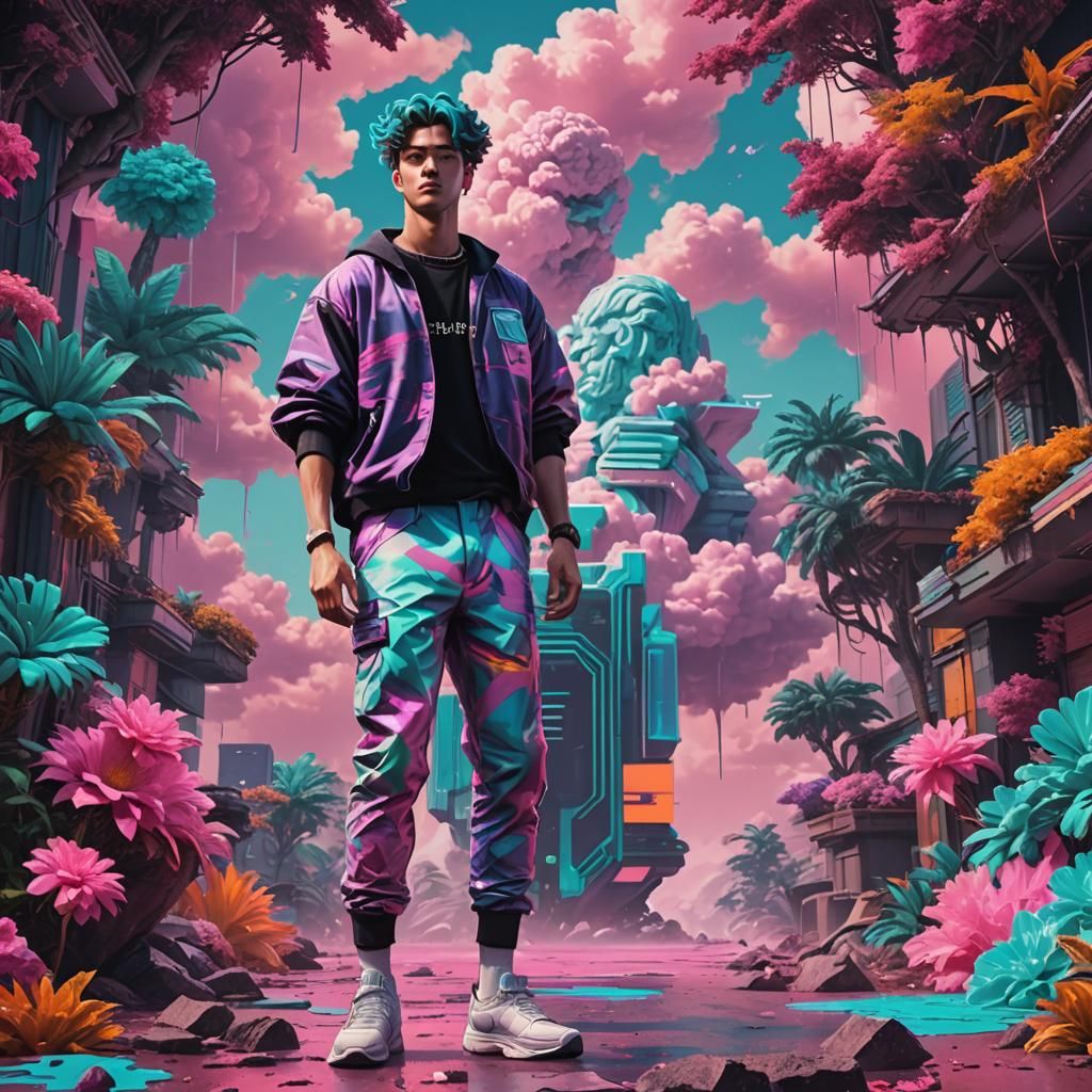 Vaporwave Fantasy Concept Art of a Handsome Guy in a Fantast...