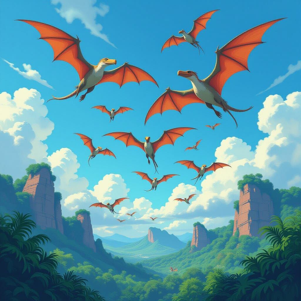 Pterodactyls Soaring Over Jurassic Landscape in Cinematic St...
