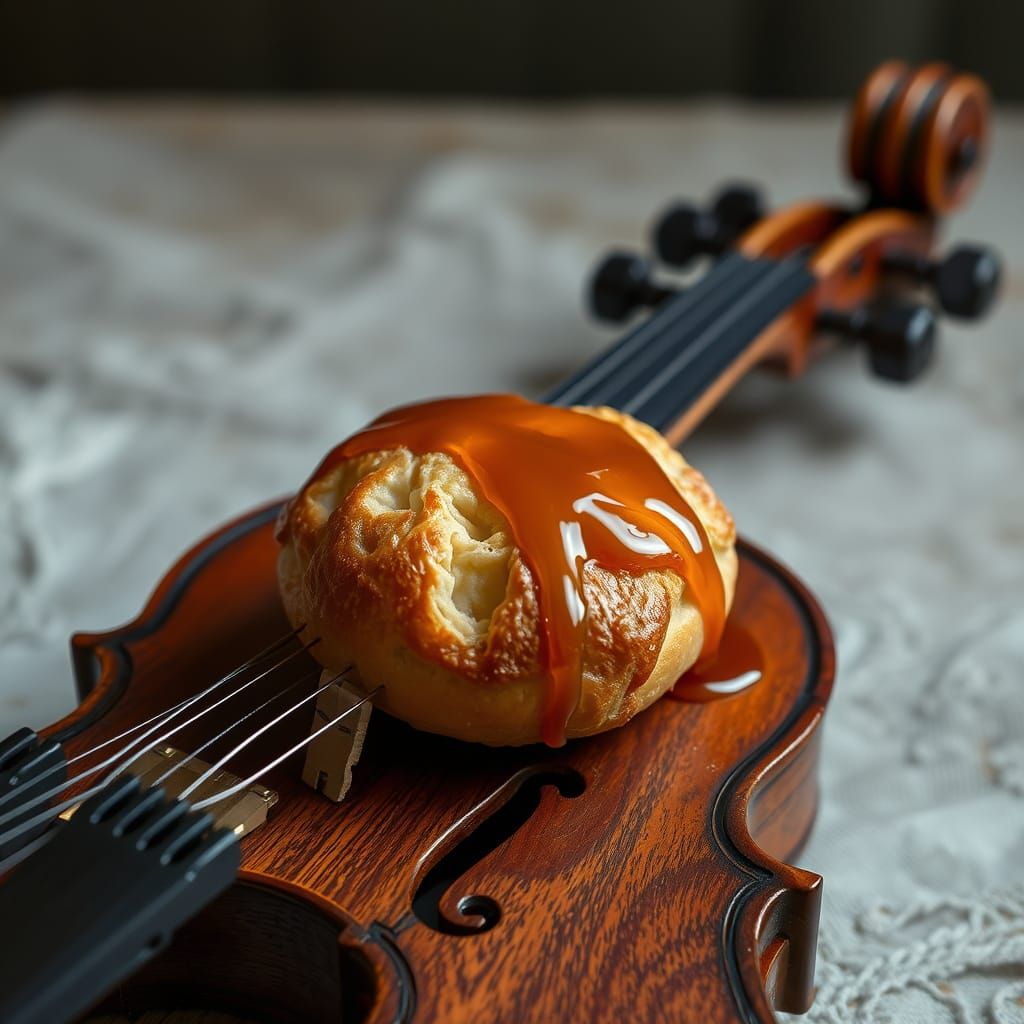 Golden Brioche on Vintage Violin in Whimsical Still Life