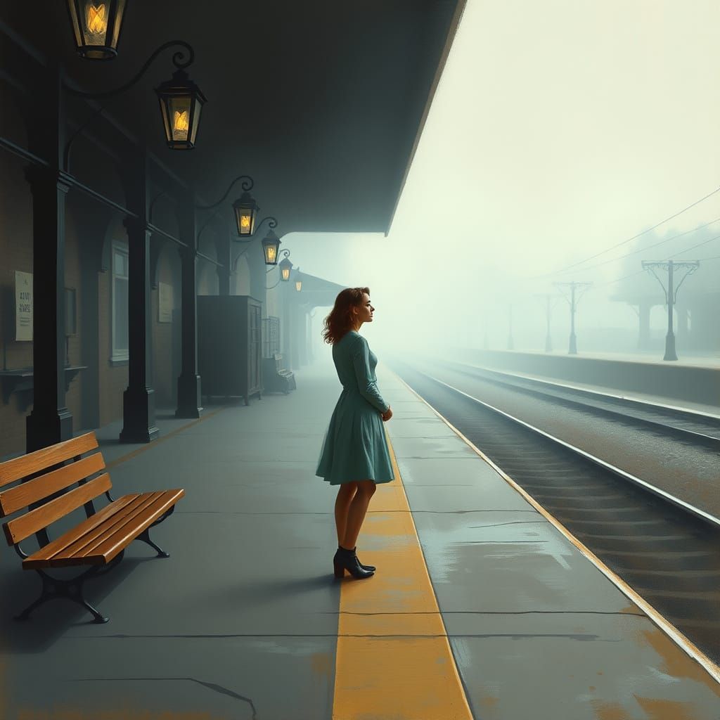 A Woman Waits for Love in a Misty Train Station