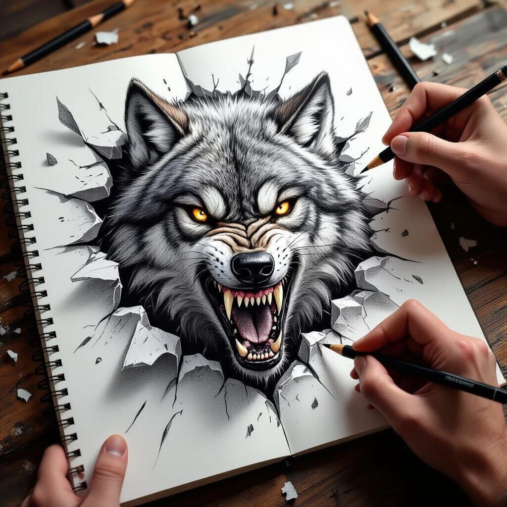 Wolf Bursting From Sketchbook: Hyper-Realistic Pencil Art