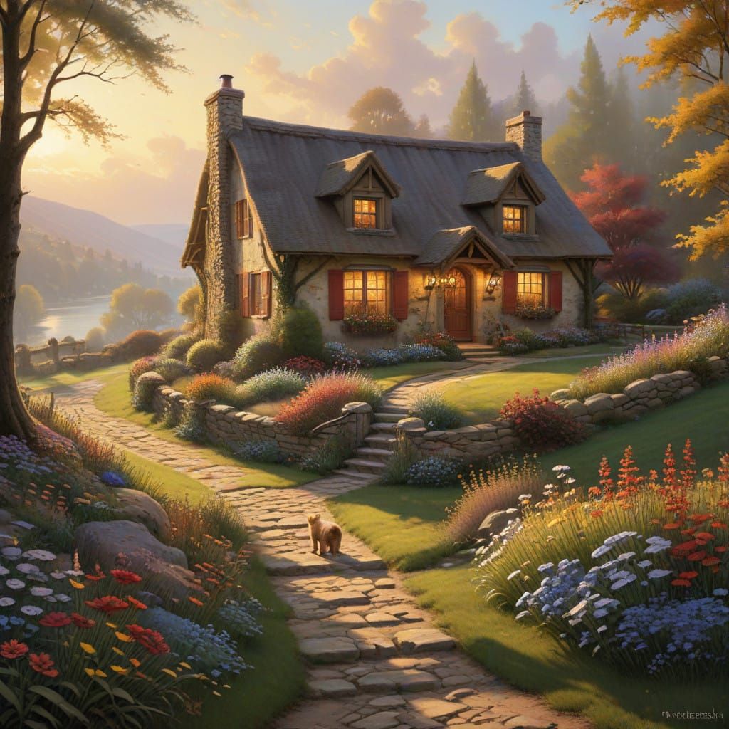Cozy Rustic Cottage Scene in Whimsical Dreamlike Style