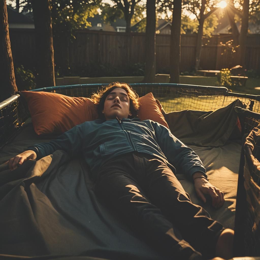 Person Sleeping on Trampoline in Golden Light