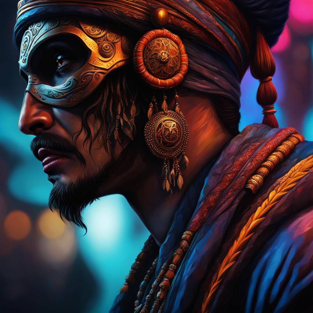 Hyperrealistic Indigenous Skull at Night in Splash Art