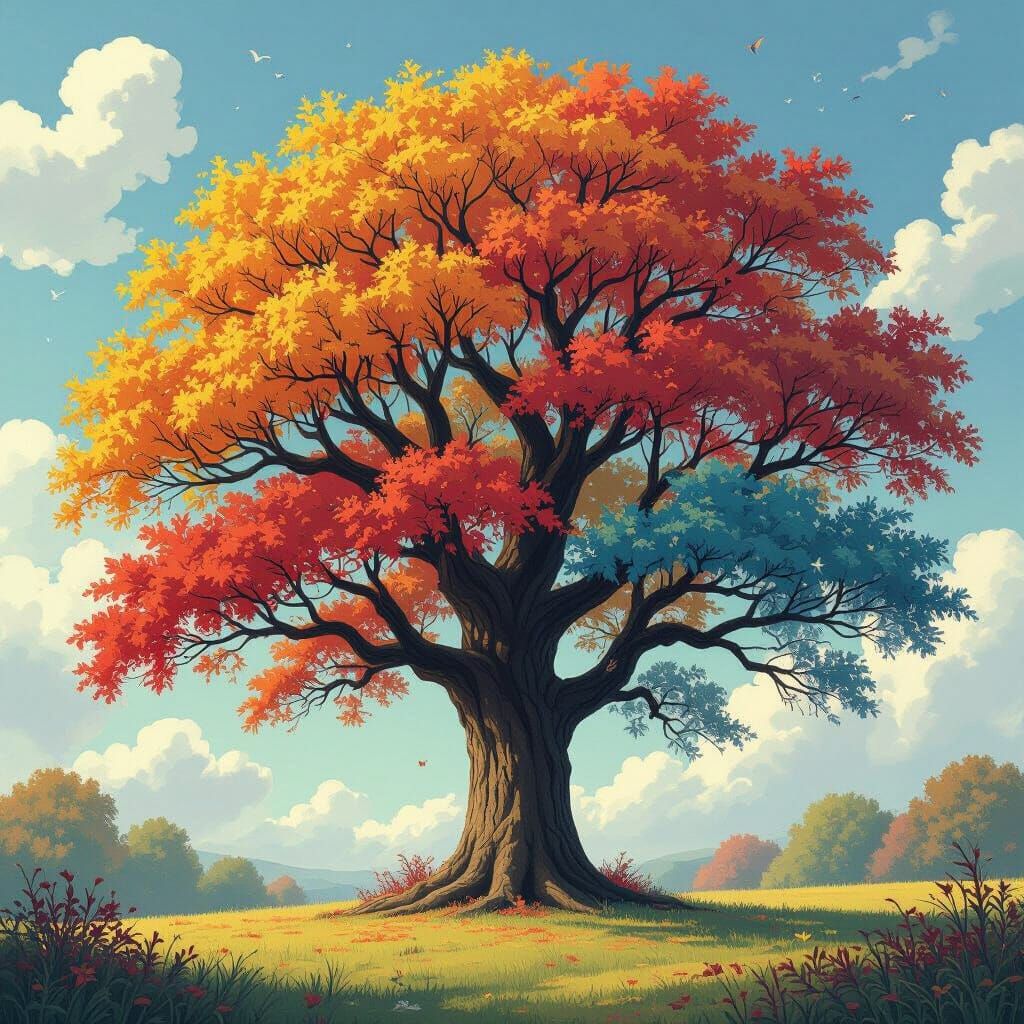 Four Seasons Tree in Whimsical Style