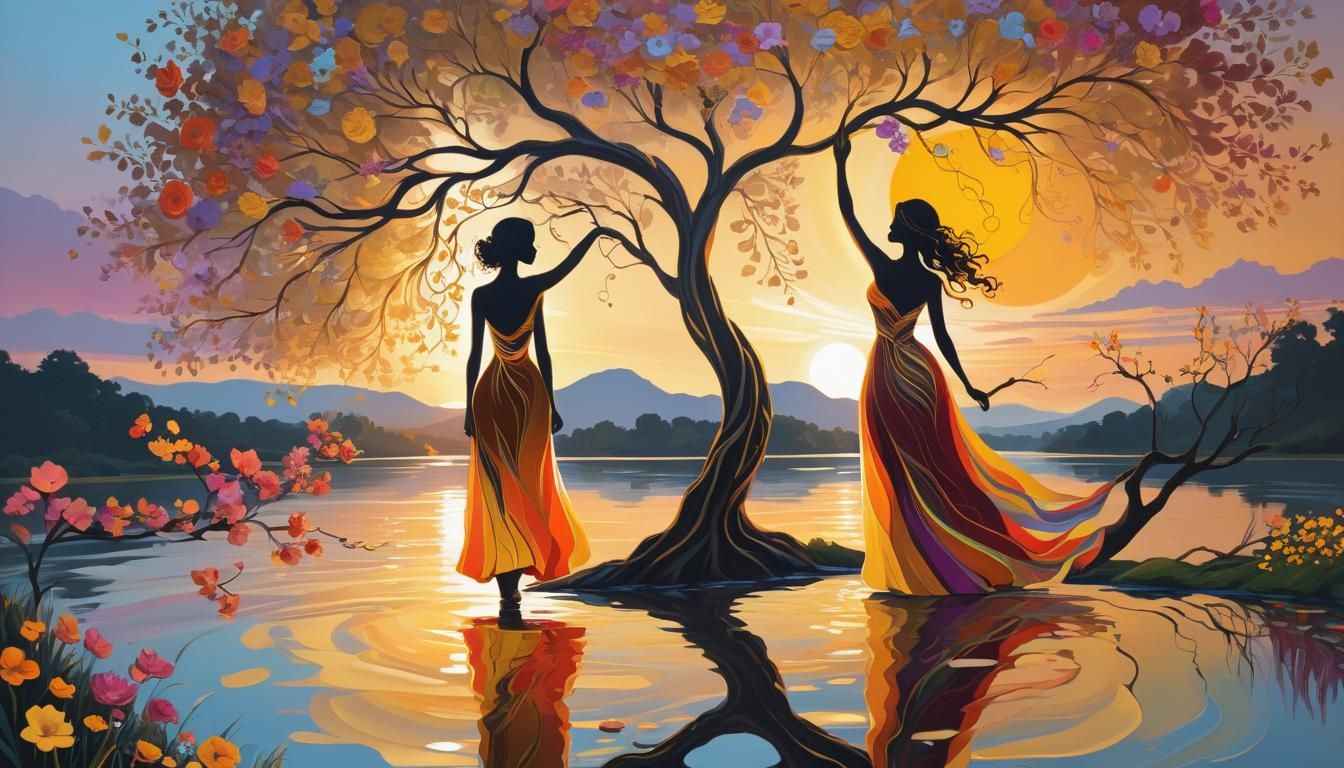 Sunset River Scene in Colorful Abstract Line Art