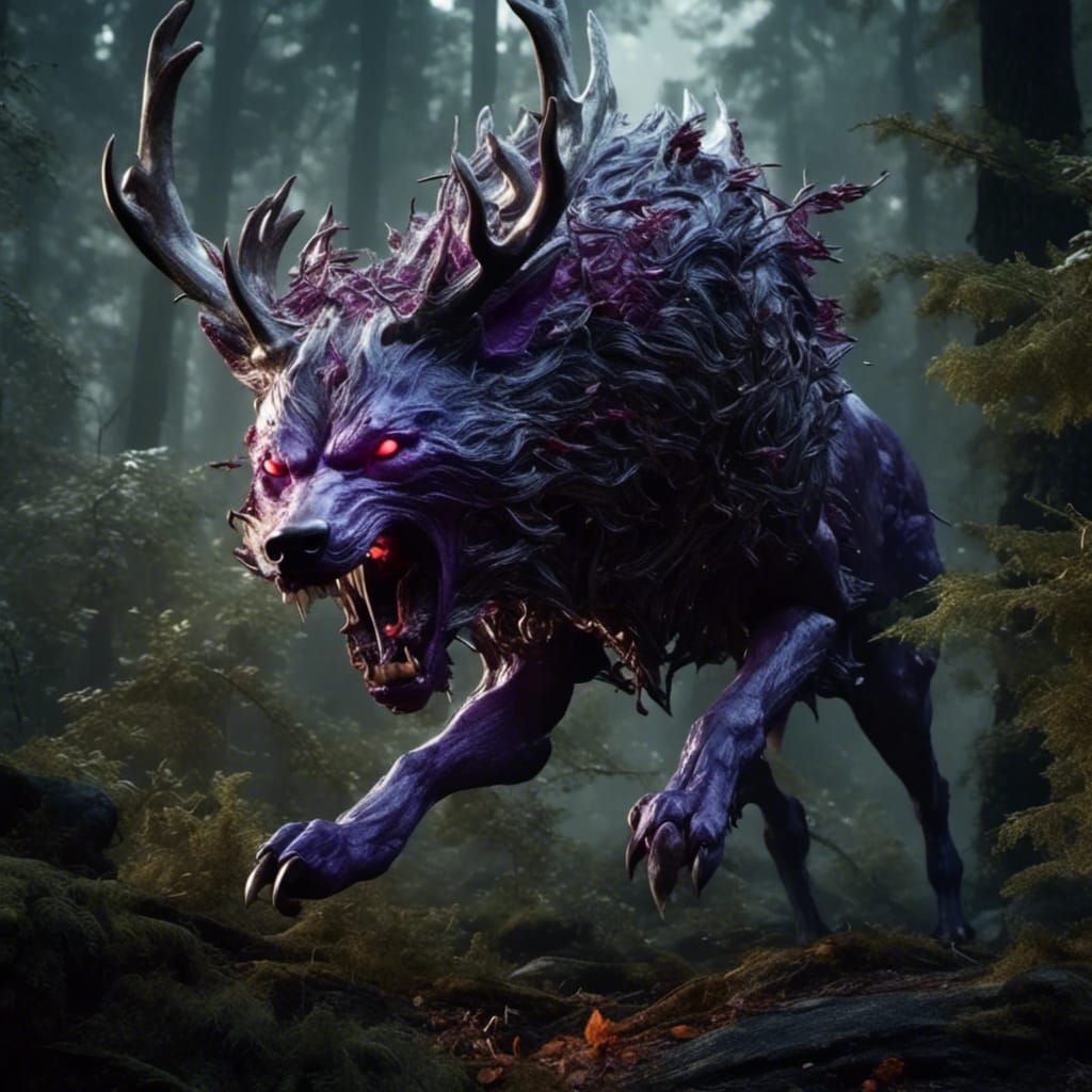 Wolf-Deer Hybrid Pounces in Dark Fantasy Forest