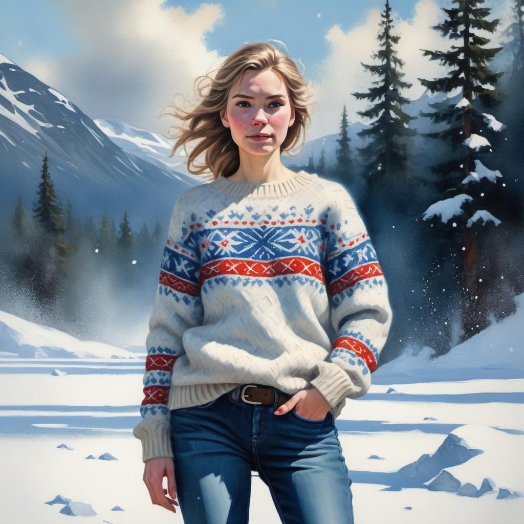 Woman in Norwegian Sweater in Blizzard: Oil and Watercolor