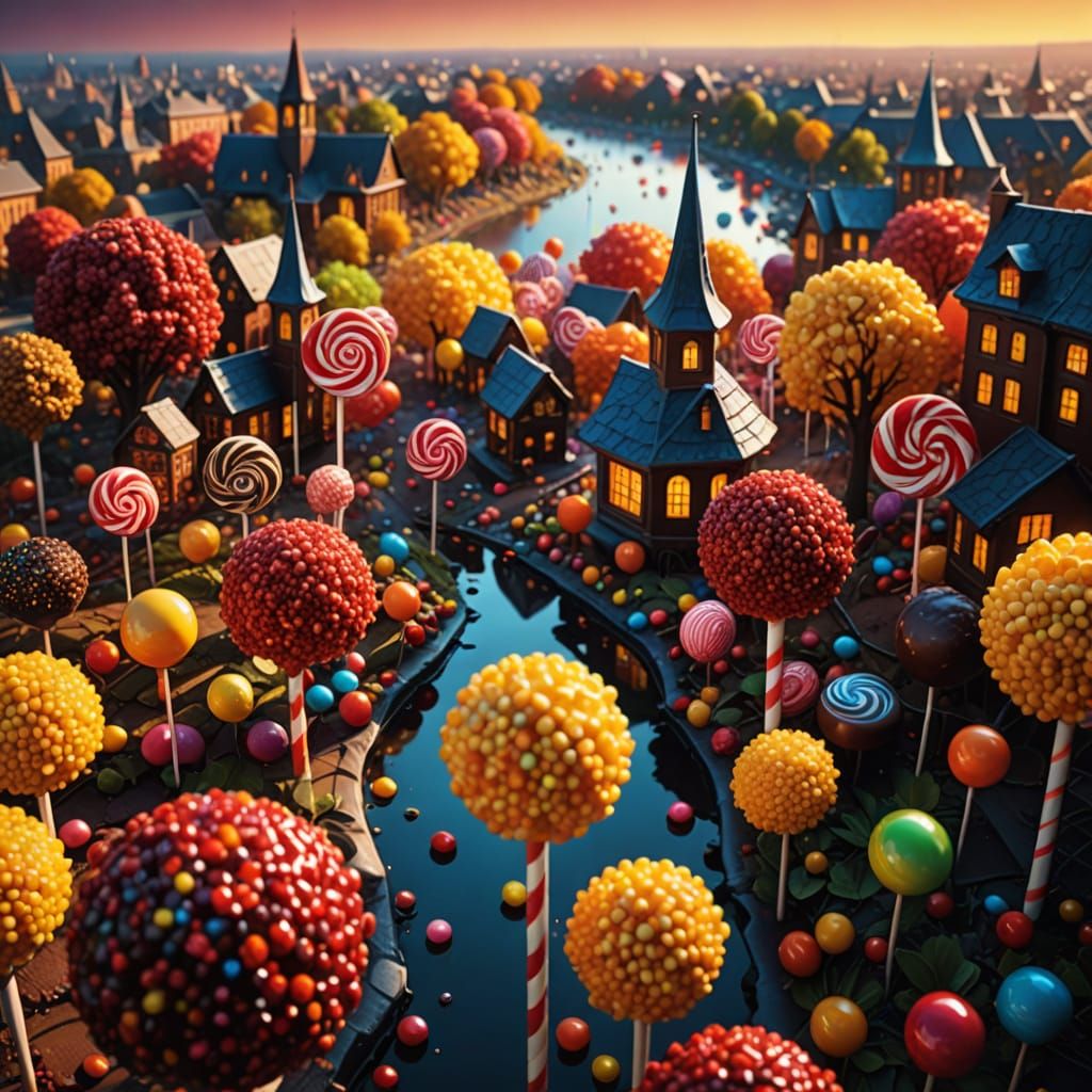 A vast city constructed out of candy, a chocolate river flow...