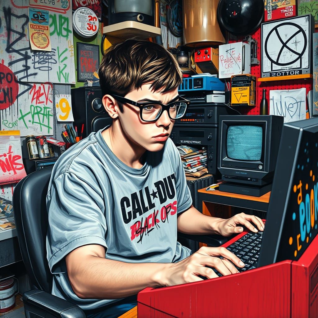 Hyperrealistic Nerd Playing Call of Duty on ZX Spectrum