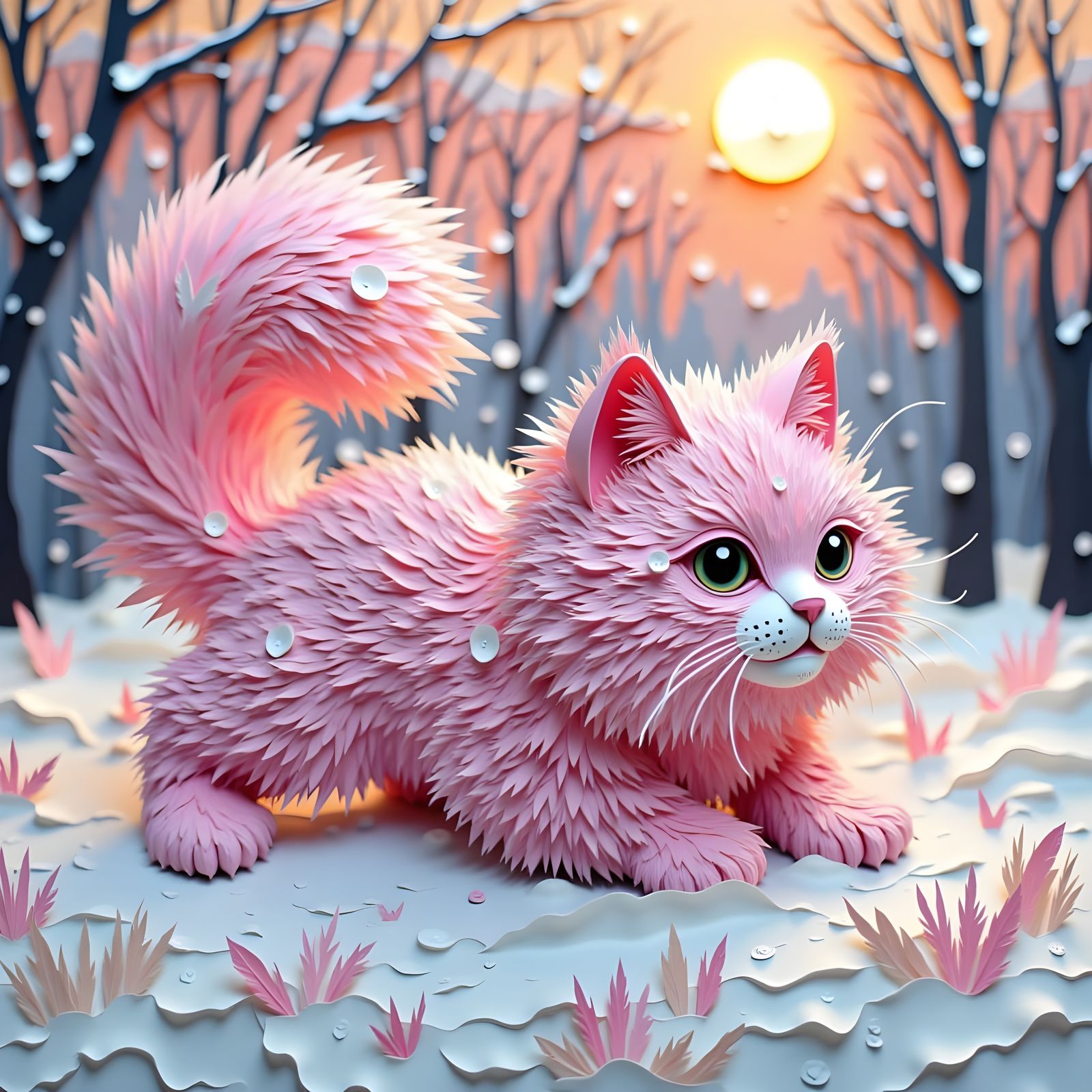 Pink Papercut Cat Playing in Snowy Sunset