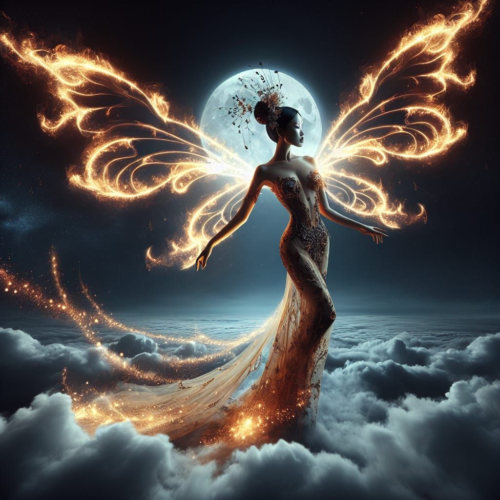 Ethereal Asian Woman Soaring with Fiery Wings