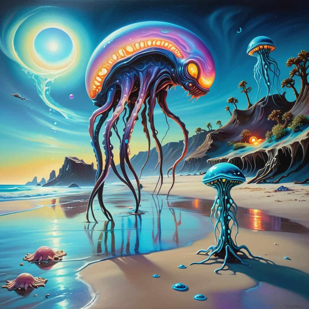 Bioluminescent Alien Beach in Surrealist Oil Painting
