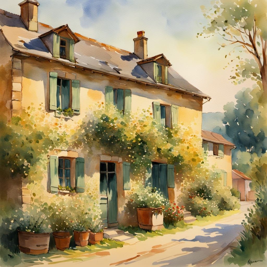 Idyllic French Village House in Watercolor Style