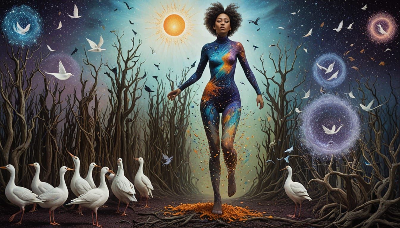 Surreal Transformation: Woman Dissolves into Birds