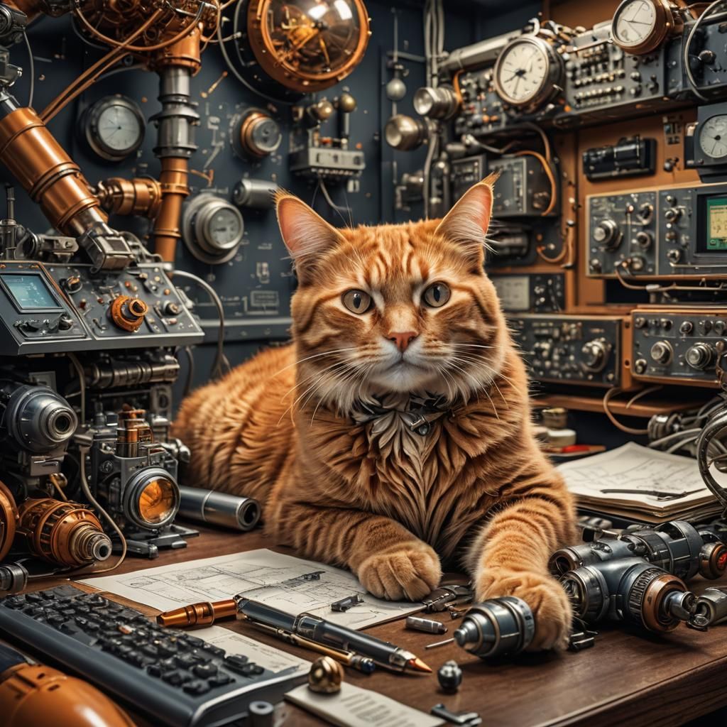 Orange Cat on Rocket Scientist Desk in HDR