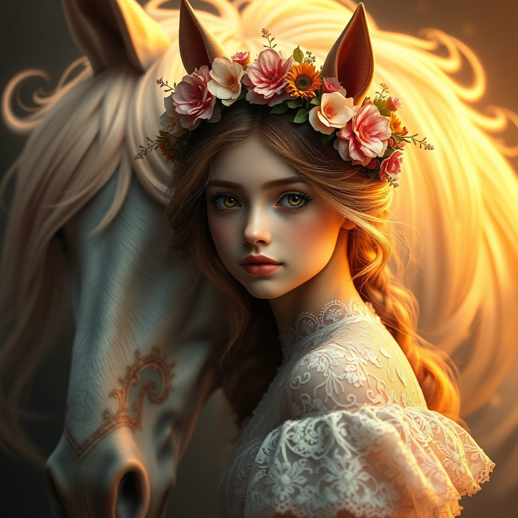 Ethereal Flower Girl Portrait in Art Nouveau Style