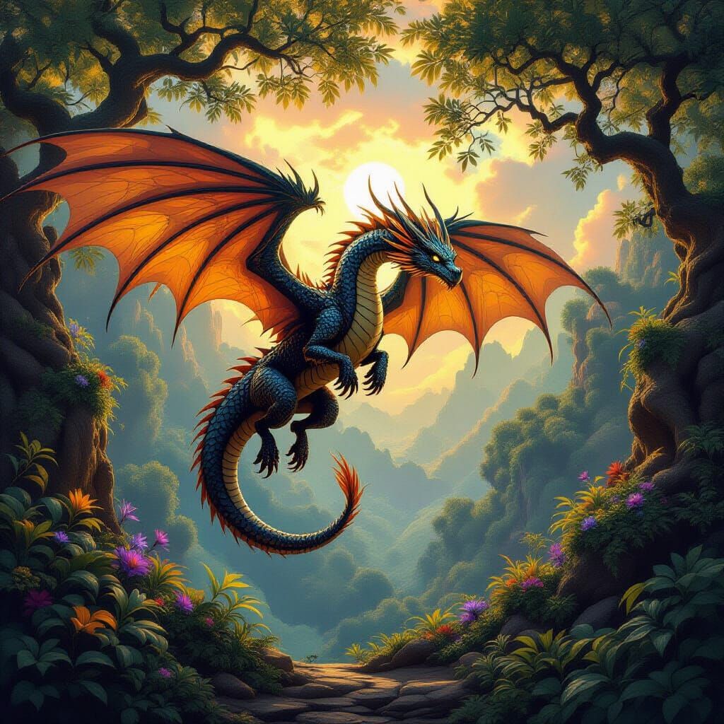 Obsidian Dragon Soars Over Enchanted Forest