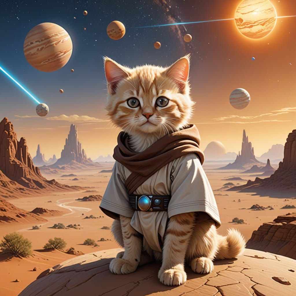 Majestic Blonde Jedi Kitten in Desert Landscape