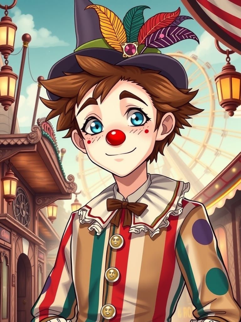 Vibrant Clown Amidst Vintage Circus Whimsy