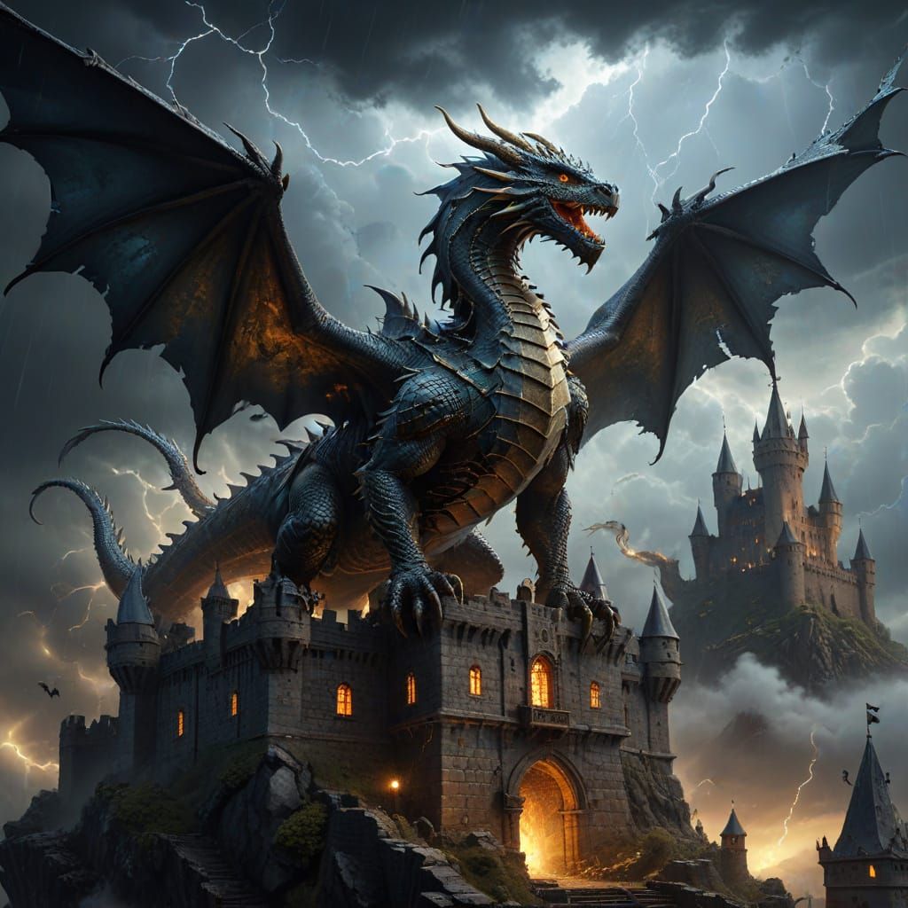 Majestic Dragon Soars Above Castle in Stormy Digital Matte P...