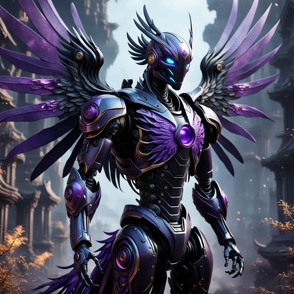 Detailed Purple and Black Phoenix Robot Matte Painting