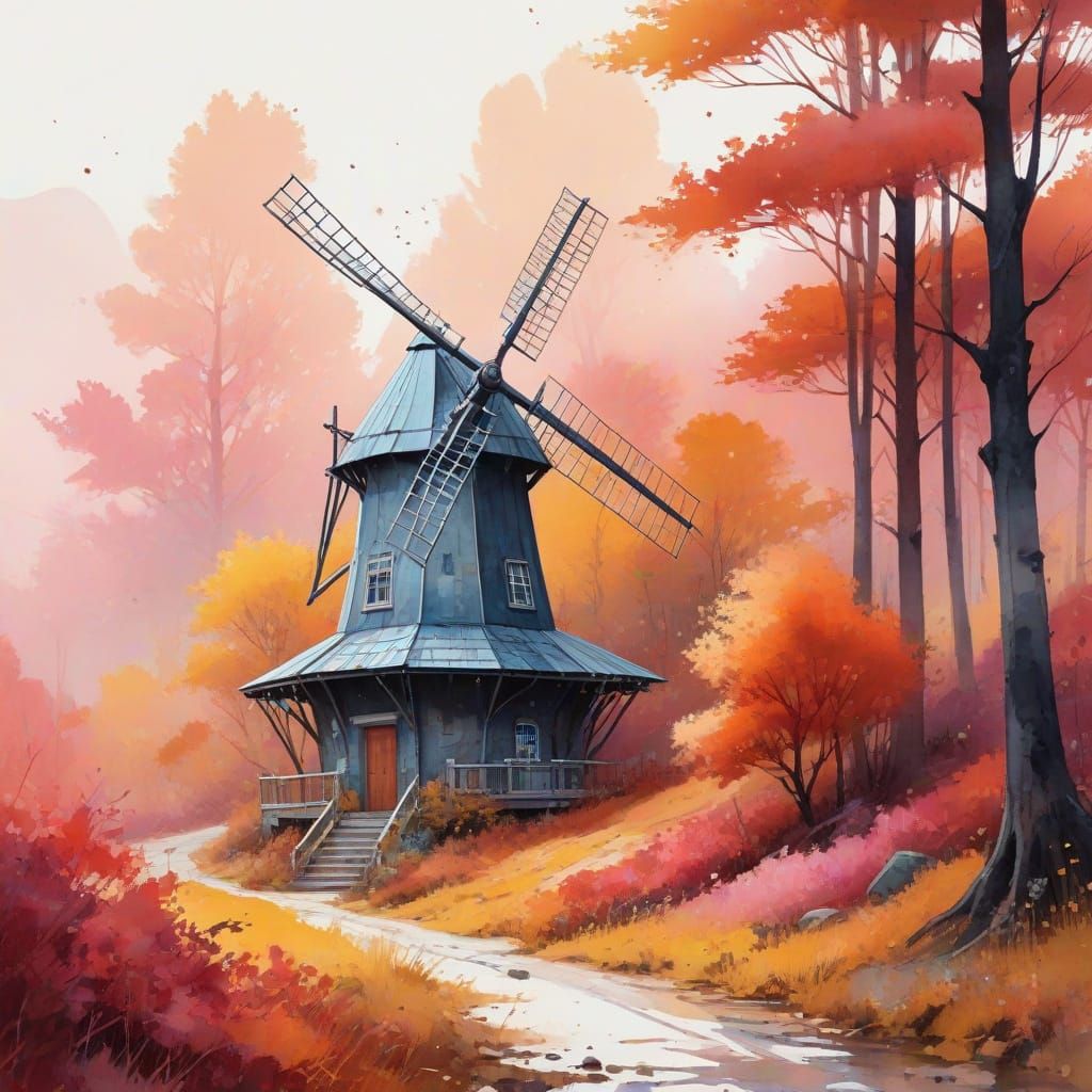 Vibrant Autumn Windmill in Watercolor Style