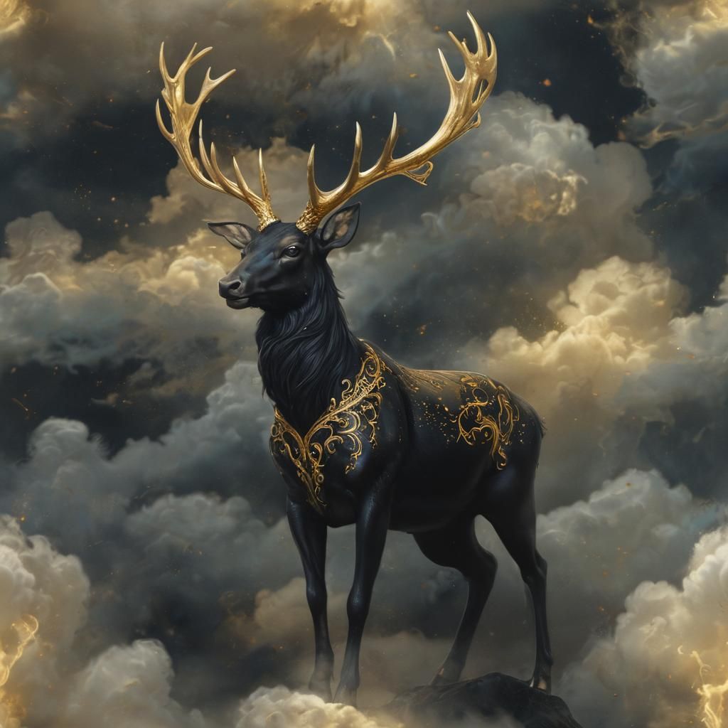 a magical fae with stag antlers in black and gold stepping i...